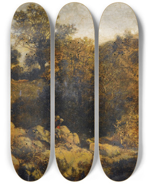 Triptych art skateboard deck of Julesachille Nol Hunter In A Landscape by Jules-Achille Nol (1815-1881)