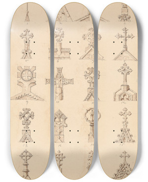 Triptych art skateboard deck of C Hacker Crosses On Gables by C Hacker