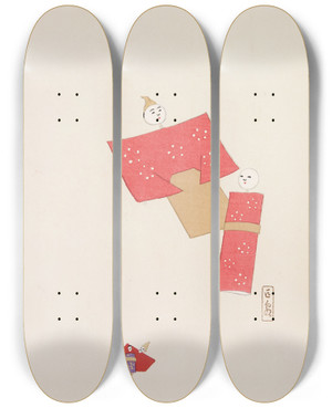 Triptych art skateboard deck of Kawasaki Kyosen Kyosens Collected Illustrations Of Japanese Toys Pl066 by Kawasaki Kyosen (1877-1942)