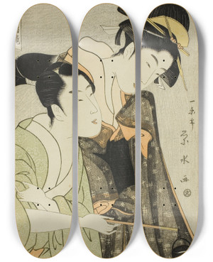 Triptych art skateboard deck of Ichirakutei Eisui Osome And Hisamatsu From The Series Beauties In Joruri Roles Bijin Awase Joruri Kagami by Ichirakutei Eisui (1793-1801)