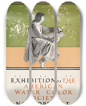Triptych art skateboard deck of Maxfield Parrish Exhibition Of The American Water Color Society by Maxfield Parrish (1870-1966)