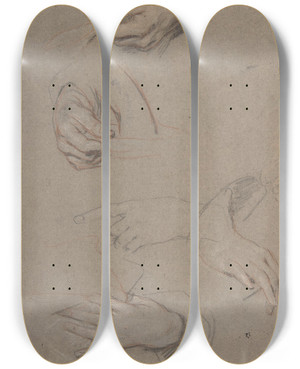 Triptych art skateboard deck of Sir Peter Lely Studies Of Hands by Sir Peter Lely (1618-1680)