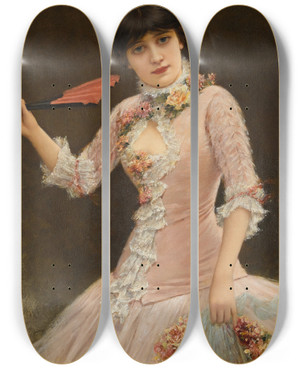 Triptych art skateboard deck of Emile Eismansemenowsky A Portrait Of A Young Lady In Pink Dress by Emile Eisman-Semenowsky (1853-1918)