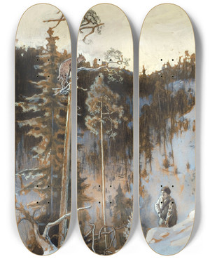 Triptych art skateboard deck of Eero Jrnefelt Lynx Hunt by Eero Jarnefelt (1863-1937)