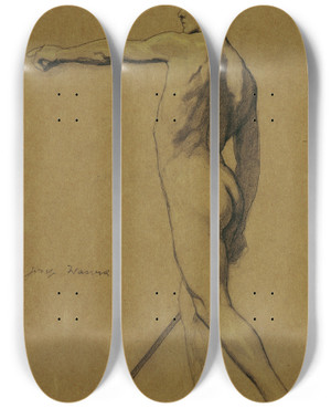 Triptych art skateboard deck of Josef Wawra Stehender Mnnlicher Akt by Josef Wawra (1893-1935)