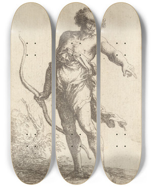 Triptych art skateboard deck of Salvator Rosa Man With Bow Pointing To The Right by Salvator Rosa (1615-1673)