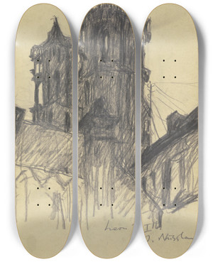Triptych art skateboard deck of Jakob Nussbaum Westtrme Der Kathedrale Von Laon by Jakob Nussbaum (1873-1936)