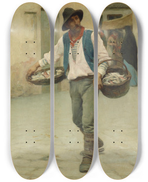 Triptych art skateboard deck of Giuseppe Barison Venezianischer Fischverkufer by Giuseppe Barison (1853-1931)