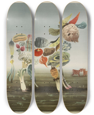 Triptych art skateboard deck of Lewitthim The Vegetabull by Lewitt-Him (1933-1955)