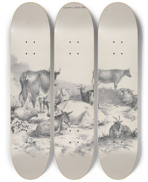 Triptych art skateboard deck of Thomas Sidney Cooper Thomas Sydney Coopers Cattle Subjects Pl18 by Thomas Sidney Cooper (1803-1902)