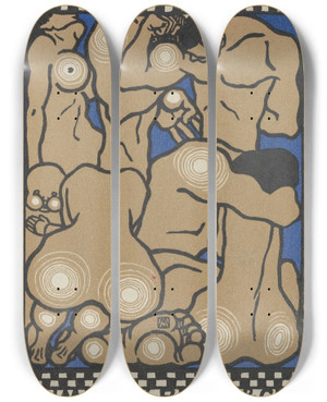 Triptych art skateboard deck of Moriz Jung Bumbery Blads And Cie Plastic Poses by Moriz Jung (1885-1915)