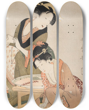 Triptych art skateboard deck of Kitagawa Utamaro Preparing Raw Fish by Kitagawa Utamaro (1753-1806)