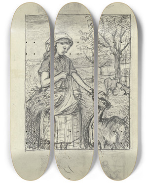 Triptych art skateboard deck of Otto Scholderer Stehendes Mdchen Eine Ziege Ftternd by Otto Scholderer (1834-1902)