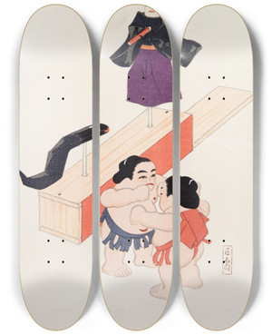 Triptych art skateboard deck of Kawasaki Kyosen Kyosens Collected Illustrations Of Japanese Toys Pl061 by Kawasaki Kyosen (1877-1942)