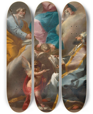 Triptych art skateboard deck of Gaetano Gandolfi The Holy Family With Saint Augustine_1 by Gaetano Gandolfi (1734-1802)