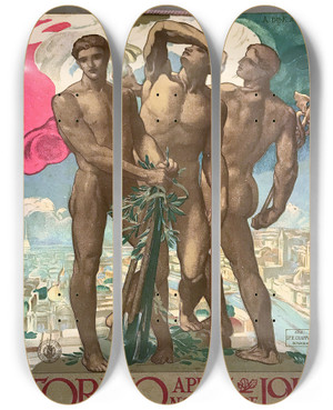 Triptych art skateboard deck of Adolfo De Carolis Torino 1911 by Adolfo De Carolis (1874-1928)