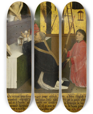 Triptych art skateboard deck of Simon Marmion The Mass Of St Gregory by Simon Marmion (1425-1489)