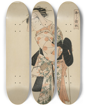 Triptych art skateboard deck of Katsukawa Shunei Dancer As Kuzunoha Fox Spirit Disguised As A Woman by Katsukawa Shunei (1762-1819)