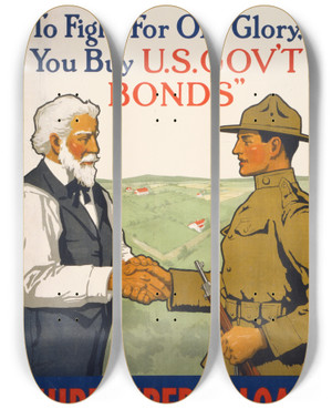 Triptych art skateboard deck of Lawrence Harris Good Bye Dad Im Off To Fight For Old Glory You Buy Us Govt Bonds Third Liberty Loan by Lawrence Harris (1873-1951)