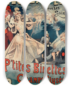 Triptych art skateboard deck of Alfred Choubrac Ptites Binetteschamps Elyses by Alfred Choubrac (1853-1902)