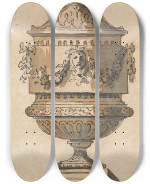 Triptych art skateboard deck of Joseph Wilton Design For An Urn_2 by Joseph Wilton (1722-1803)