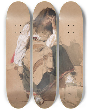 Triptych art skateboard deck of Eleuterio Pagliano A Seated Peasant Girl In Contemplation by Eleuterio Pagliano (1826-1903)