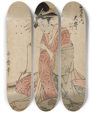 Triptych art skateboard deck of Kitagawa Utamaro Woman Of The Yoshiwara Reading Scroll by Kitagawa Utamaro (1753-1806)