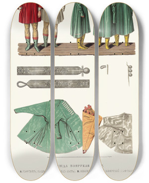 Triptych art skateboard deck of Fedor Grigoryevich Solntsev Odezhda Boiarskaia Xvii Stoletiia Kaftan Nadevaemyi Pod Laty Obyknovennyi Boiarskii Kaftan by Fedor Grigoryevich Solntsev (1801-1892)