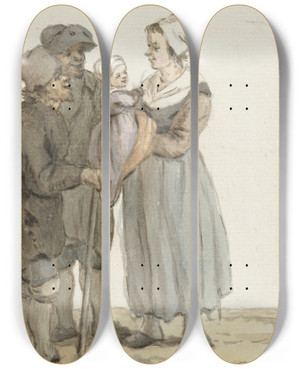 Triptych art skateboard deck of Christina Chalon Vrouw Met Kind Bij Twee Mannen by Christina Chalon (1748-1808)