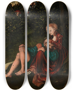 Triptych art skateboard deck of Lucas Cranach The Elder Samson And Delilah by Lucas Cranach The Elder (1472-1553)