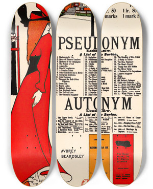 Triptych art skateboard deck of Aubrey Vincent Beardsley Pseudonym Library Autonym Library by Aubrey Vincent Beardsley (1872-1898)