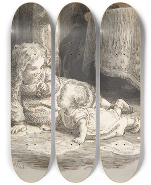 Triptych art skateboard deck of Lorenz Frlich Mother Watching Over Two Young Children Playing by Lorenz Frolich (1820-1908)