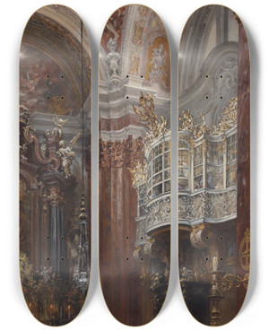 Triptych art skateboard deck of Adolph Von Menzel The Interior Of The Jacobskirche At Innsbruck by Adolph Von Menzel (1815-1905)