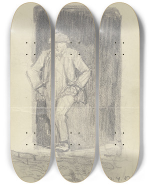 Triptych art skateboard deck of Rudolf Gudden Ein Alter Mann Die Hnde In Taschen In Einer Tr Lehnend by Rudolf Gudden (1863-1935)