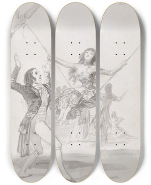 Triptych art skateboard deck of Francisco De Goya Girl On A Swing A Man With His Arms Raised by Francisco de Goya (1746-1828)