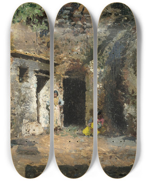 Triptych art skateboard deck of Mariano Fortuny Marsal Gypsy Cavesgranada by Mariano Fortuny Marsal (1838-1874)