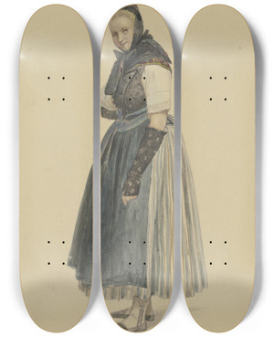 Triptych art skateboard deck of Jakob Frchtegott Dielmann Stehende Buerin Nach Links by Jakob Furchtegott Dielmann (1809-1885)