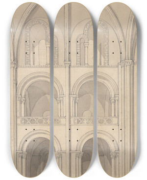 Triptych art skateboard deck of John Sell Cotman Perspective Elevation Of Part Of The Abbey Church Of Saint Stephen At Caen Normandy by John Sell Cotman (1782-1842)