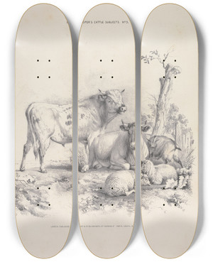 Triptych art skateboard deck of Thomas Sidney Cooper Thomas Sydney Coopers Cattle Subjects Pl03 by Thomas Sidney Cooper (1803-1902)