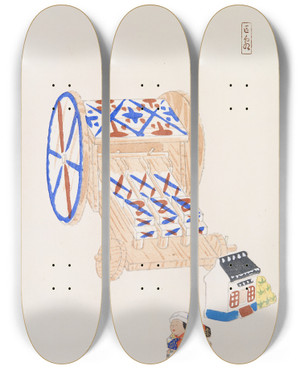 Triptych art skateboard deck of Kawasaki Kyosen Kyosens Collected Illustrations Of Japanese Toys Pl023 by Kawasaki Kyosen (1877-1942)