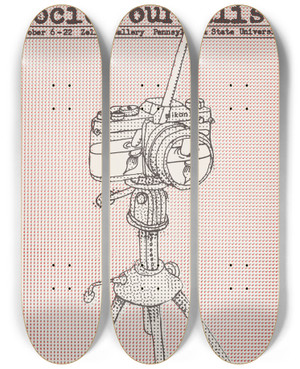 Triptych art skateboard deck of Lanny Sommese James Mcmullan Sociojournalism by Lanny Sommese (1943)