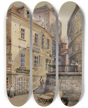 Triptych art skateboard deck of Karl Schnorpfeil Hafnersteig by Karl Schnorpfeil (1875-1937)