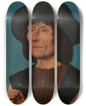 Triptych art skateboard deck of Quentin Massys Portrait Of A Man With A Pink by Quentin Massys (1466-1530)