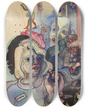 Triptych art skateboard deck of Elfriede Lohsewchtler Selfportrait In Fantastic Company by Elfriede Lohse Wachtler (1899-1940)