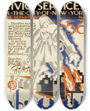 Triptych art skateboard deck of Vera Bock History Of Civic Services In The City Of New York Fire Department No 1 by Vera Bock (1905-1973)