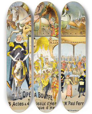 Triptych art skateboard deck of Alfred Choubrac Thetre Des Varits Chilperic by Alfred Choubrac (1853-1902)