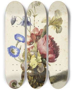 Triptych art skateboard deck of Dirck De Bray Flowers In A Bottle by Dirck de Bray (1635-1694)