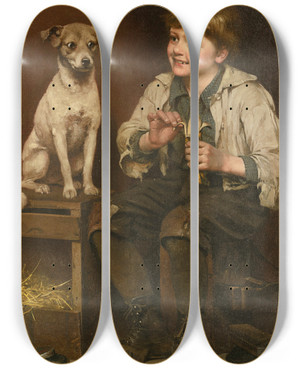 Triptych art skateboard deck of John George Brown Waiting For A Bite by John George Brown (1831-1913)