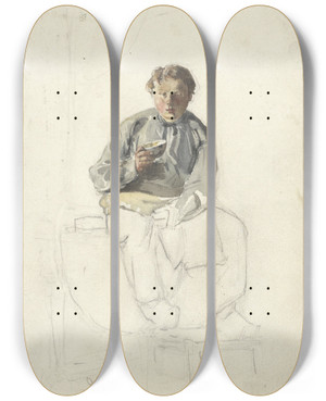 Triptych art skateboard deck of Adolf Le Comte Zittende Jongen Met Een Kopje by Adolf Le Comte (1850-1921)