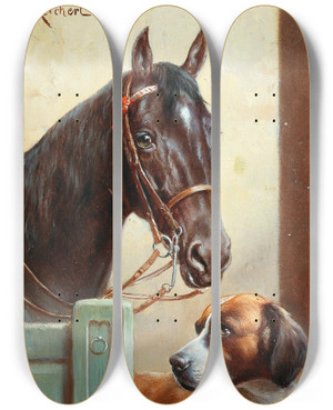 Triptych art skateboard deck of Carl Reichert Friends A Bay And A St Bernard In A Stable by Carl Reichert (1836-1918)